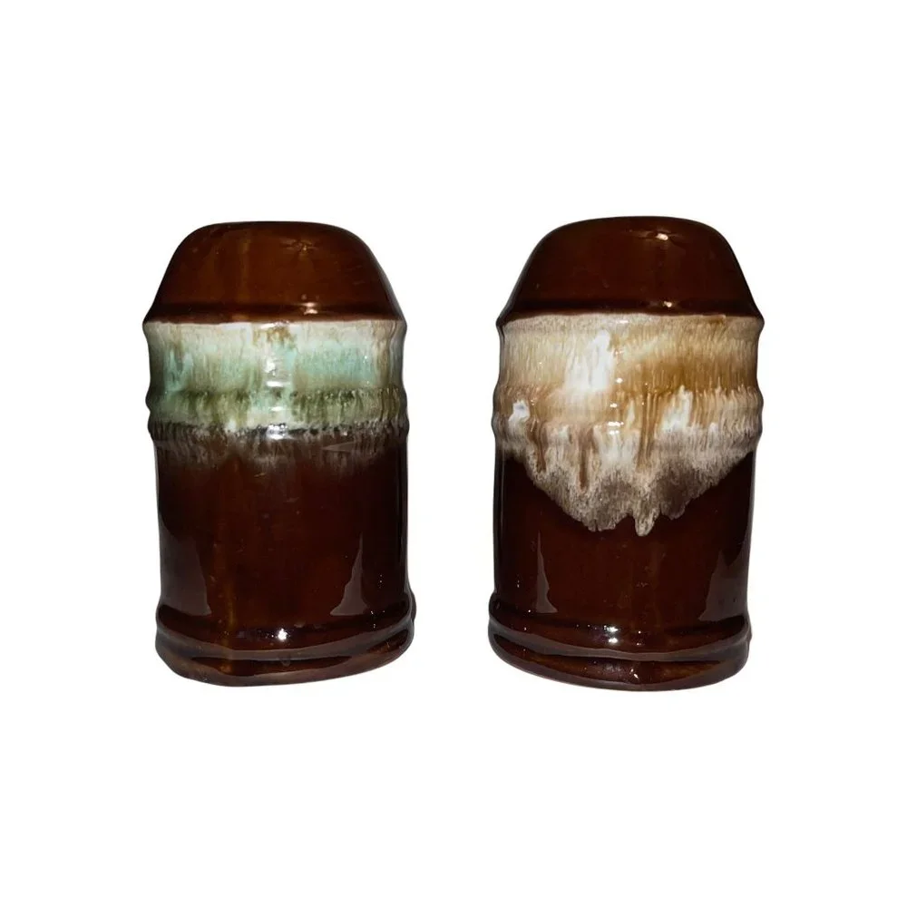 Vintage Stoneware Drip Glaze Salt & Pepper Shakers Set Oversized 5
